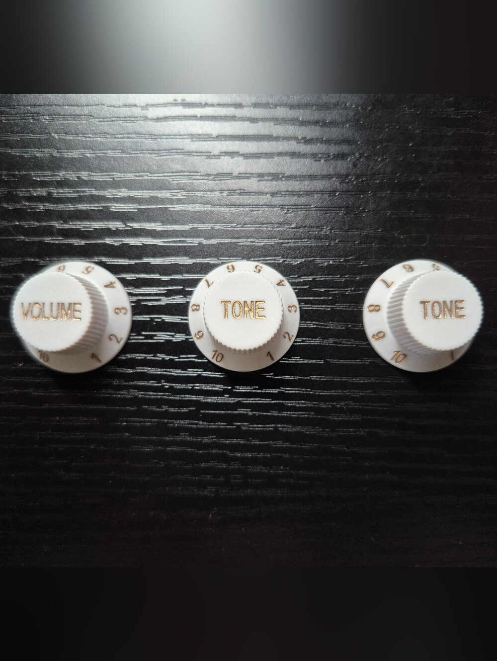 White Volume and Tone Control Knobs with Gold Lettering for Guitar, Amps, Mixers